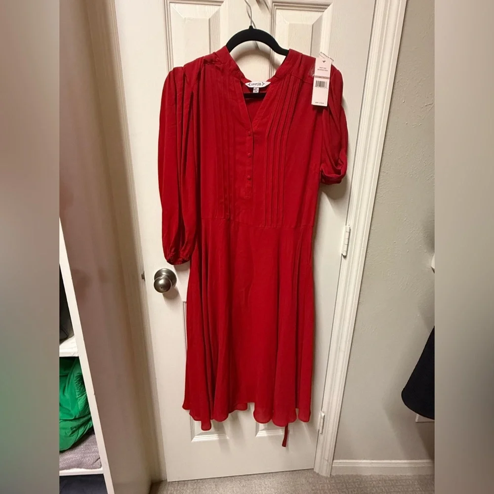 NWT Nanette Lepore Red Riding Hood Pleated Tie Waist A-Line Crepe Midi Dress - Picture 6 of 11